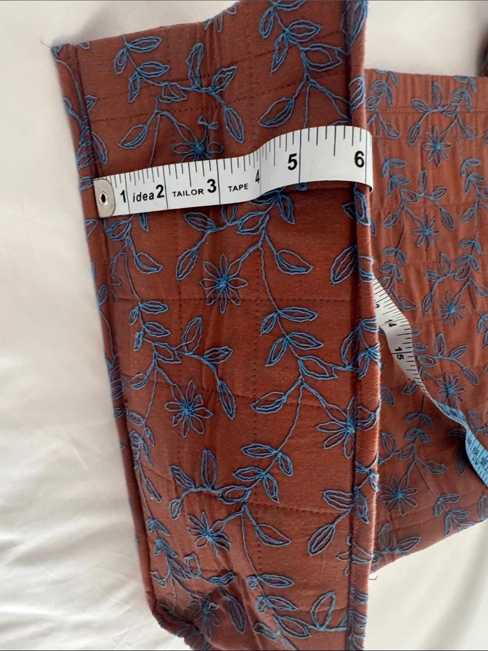Rust Floral Embroidered Cushioned Tote Bag with Blue Accents
